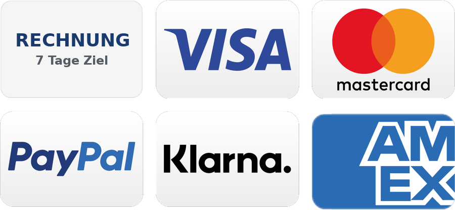 Zahlungsarten: Rechnung, Visa, Mastercard, PayPal, Klarna, American Express