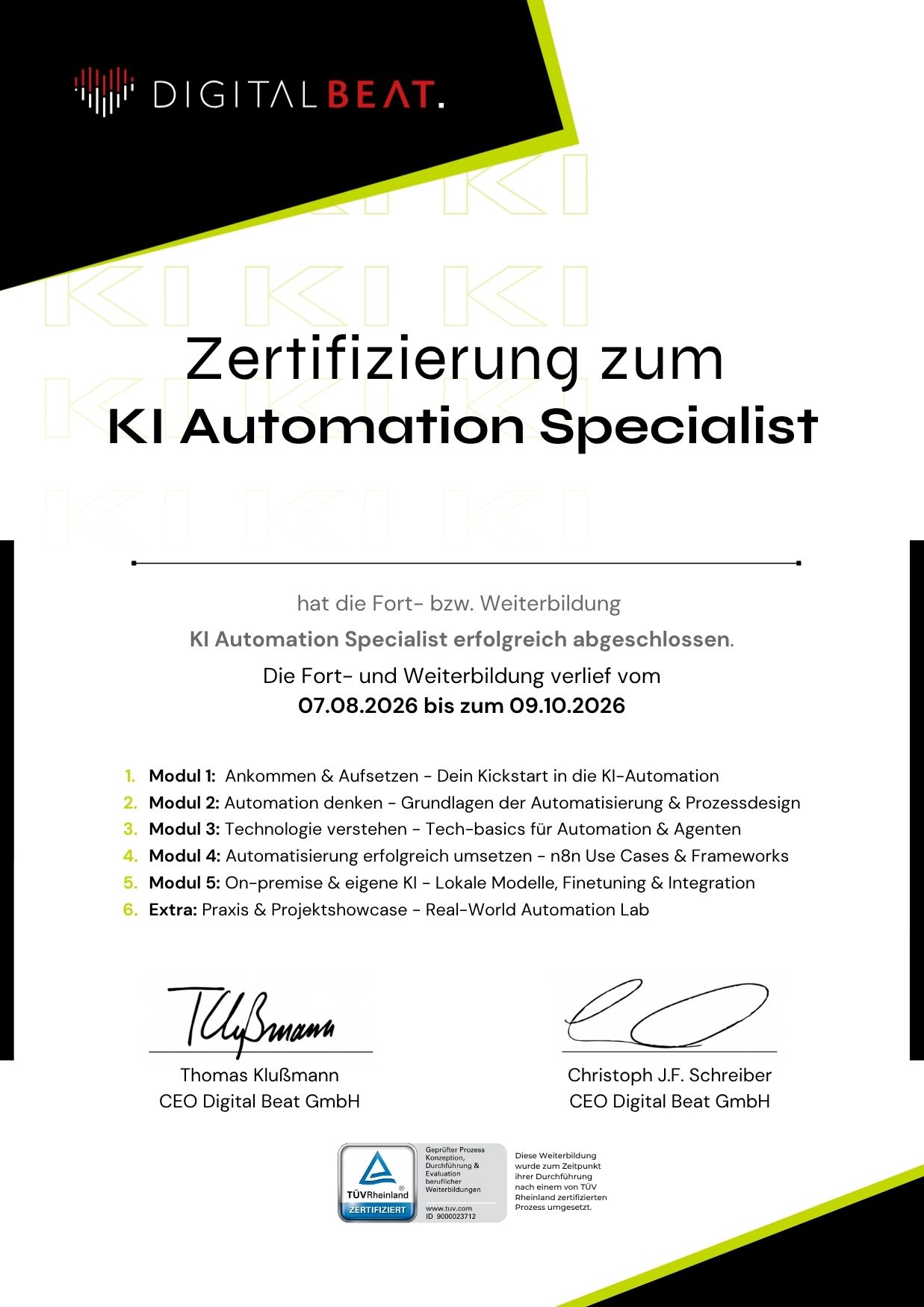 Musterzertifikat KI Automation Specialist