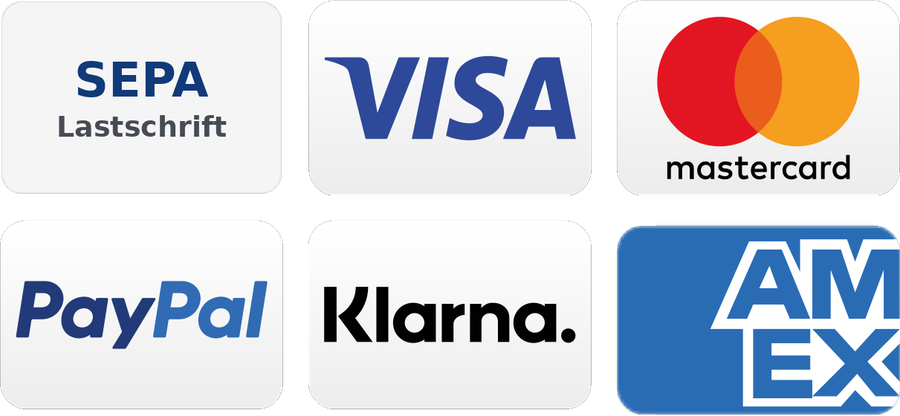 Zahlungsarten: SEPA-Lastschrift, Visa, Mastercard, PayPal, Klarna, American Express